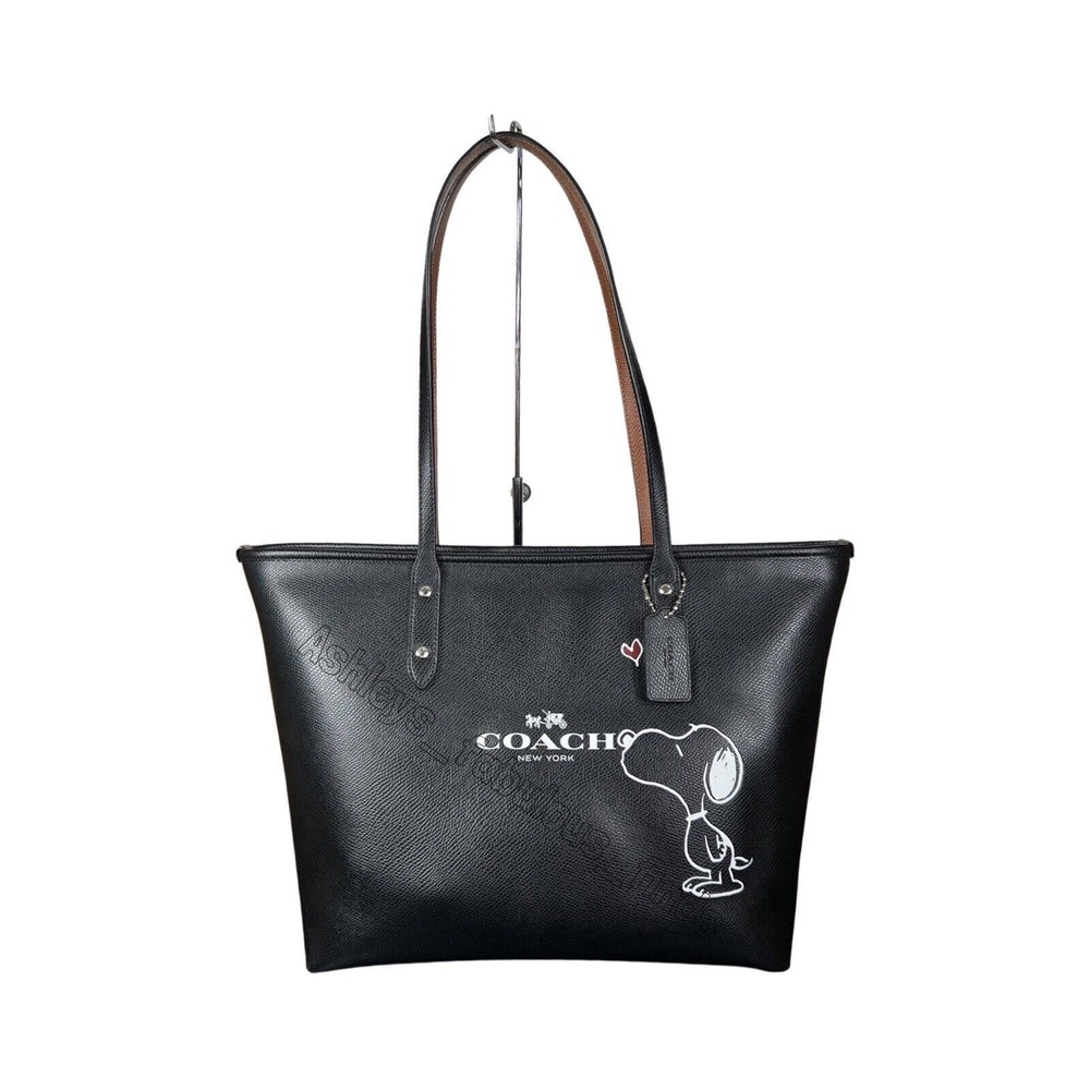 Coach X Peanuts Snoopy Leather City Zip Tote Black Shoulder Bag RARE F37273